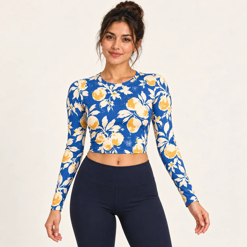 Female model wearing Citron Azure full sleeve crop top