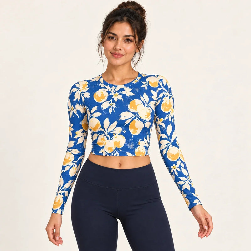 Female model wearing Citron Azure full sleeve crop top