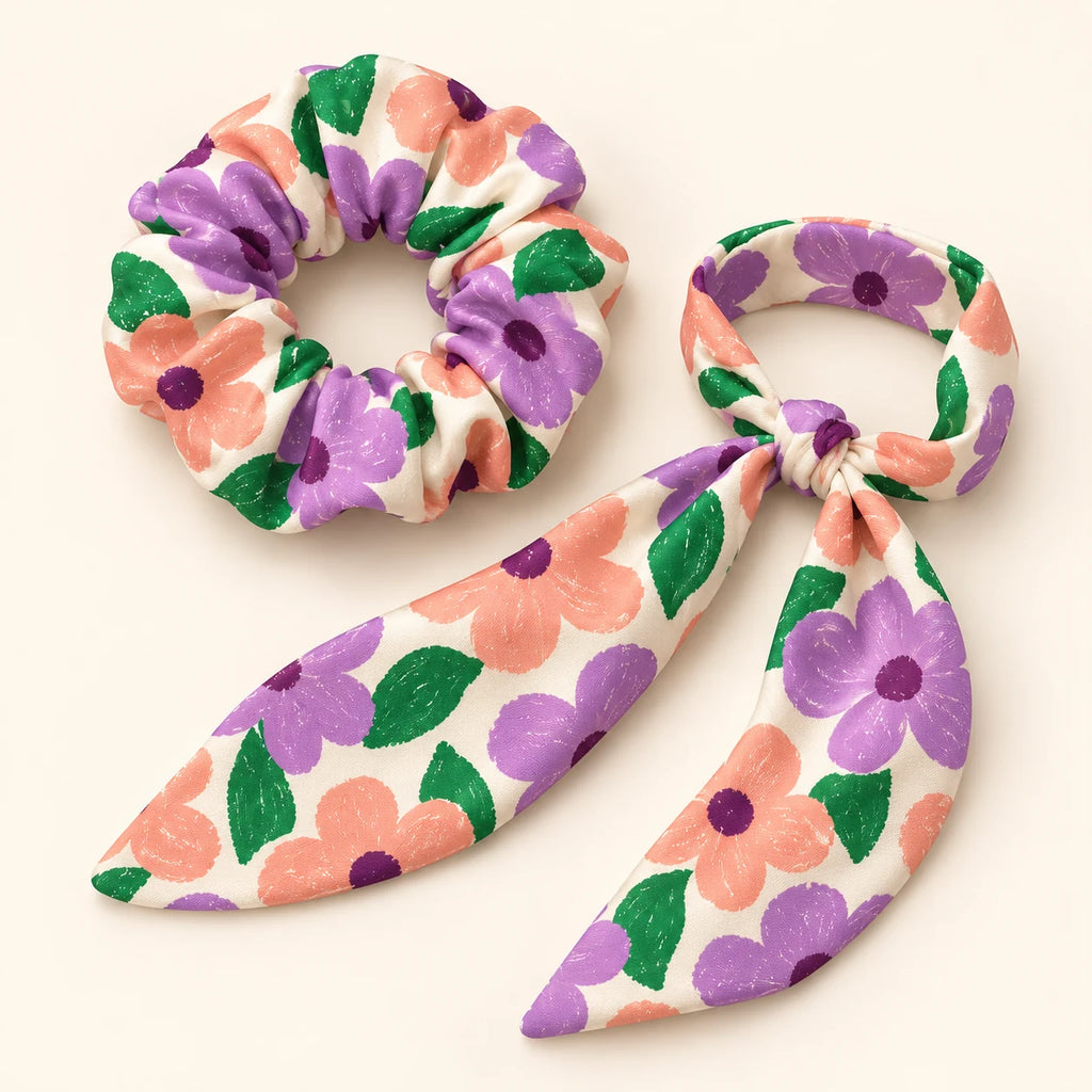 Bloom Party bow-tie scrunchie — detail view