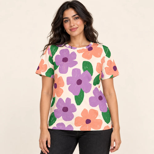 Bloom Party All-Over Print T-Shirt — female model, hero view