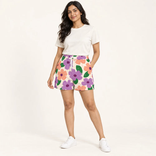 Bloom Party All-Over Print Shorts — female model, hero view