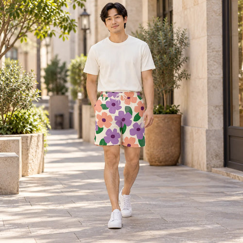 Bloom Party All-Over Print Shorts — male model, street view