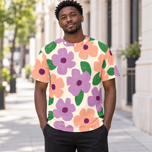 Bloom Party All-Over Print T-Shirt — male model, street view