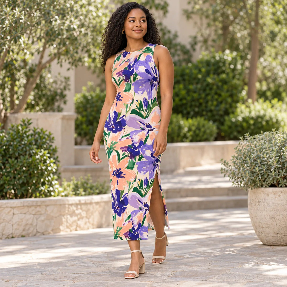 Bloom Riot bodycon dress — garden view