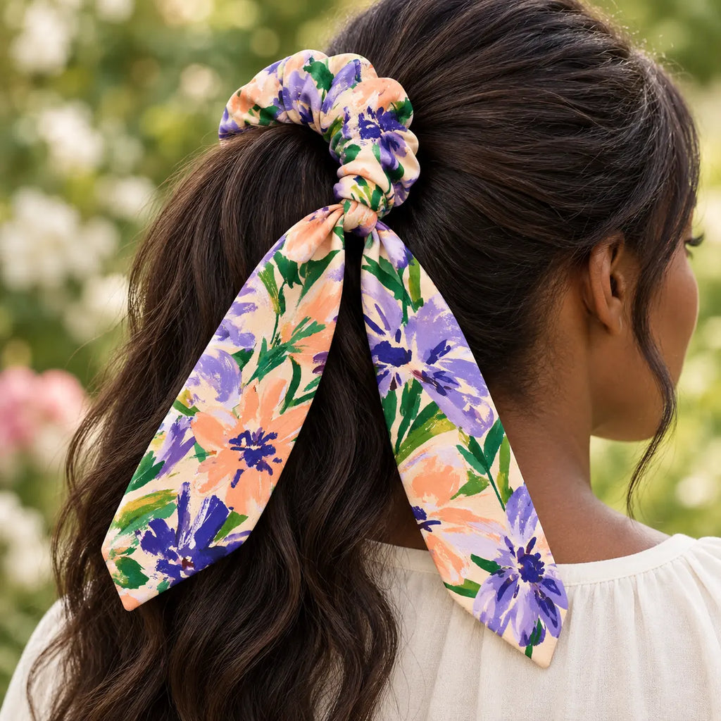 Bloom Riot bow-tie scrunchie — worn view