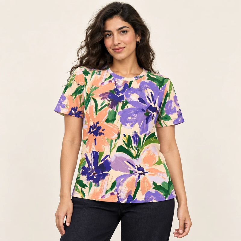 Bloom Riot All-Over Print T-Shirt — female model, hero view
