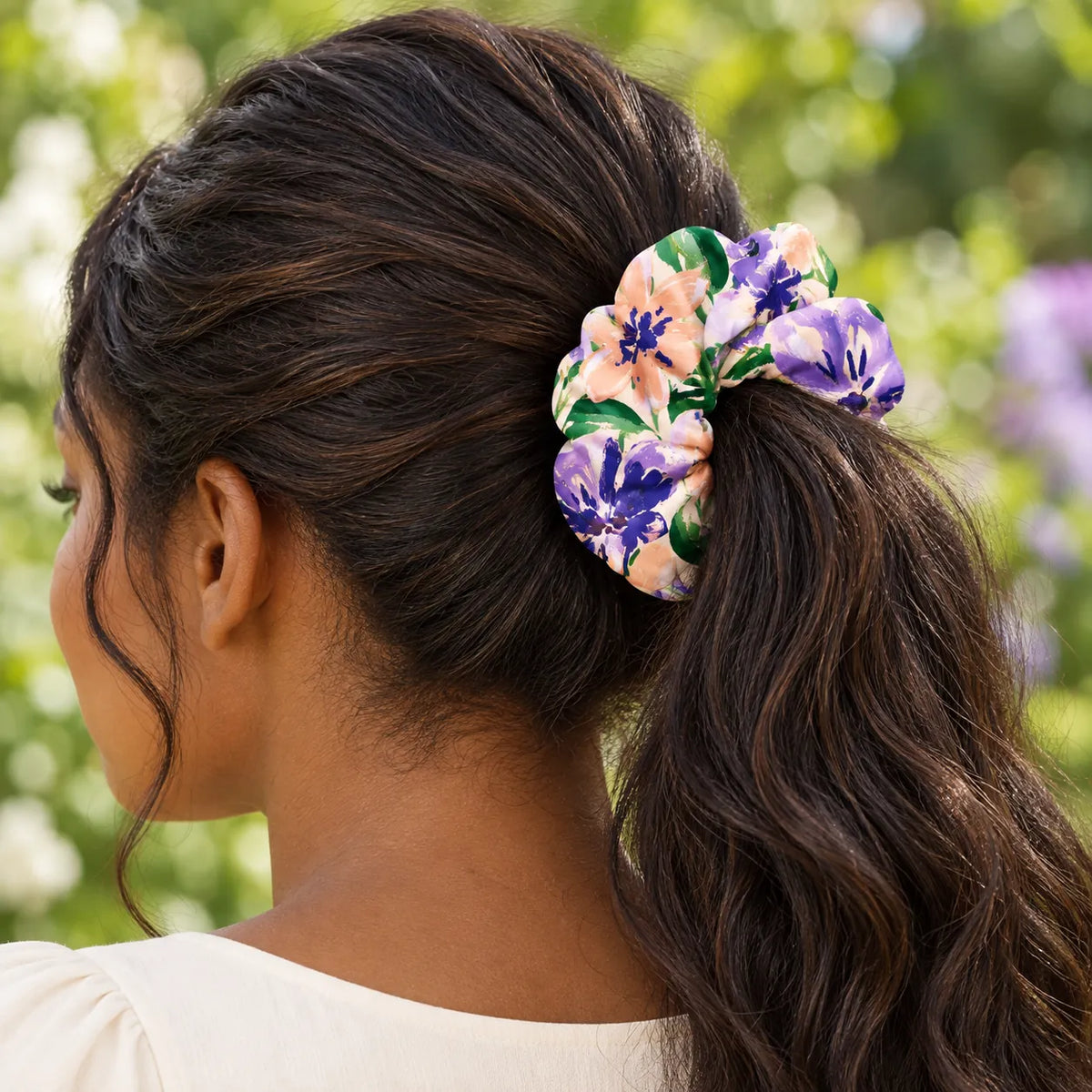 Bloom Riot scrunchie — worn view