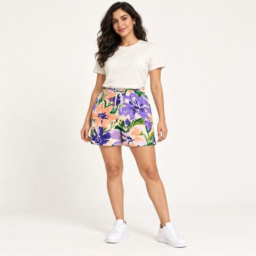 Bloom Riot All-Over Print Shorts — female model, hero view