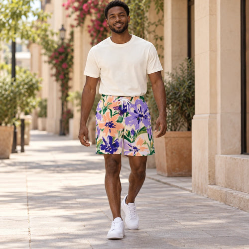 Bloom Riot All-Over Print Shorts — male model, street view