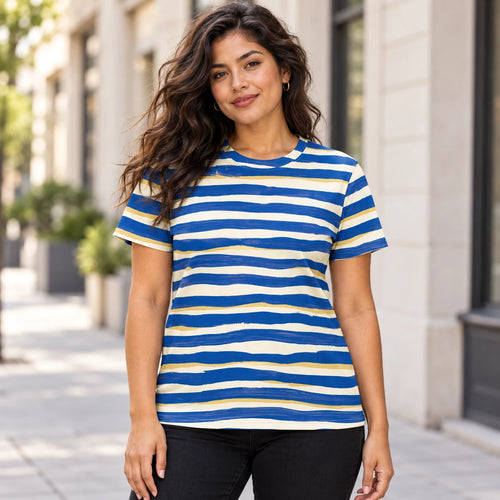 Blue Current All-Over Print T-Shirt — female model, street view