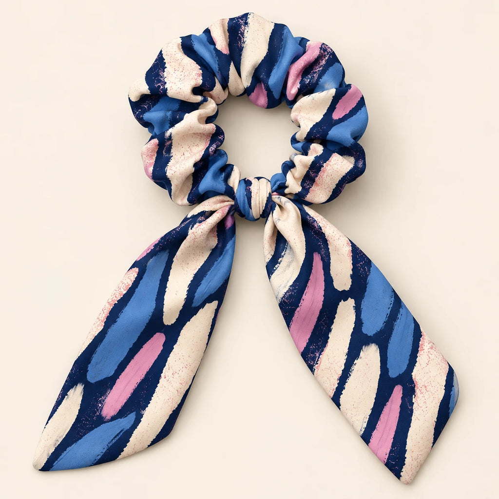 Blue Improvisation bow-tie scrunchie — detail view