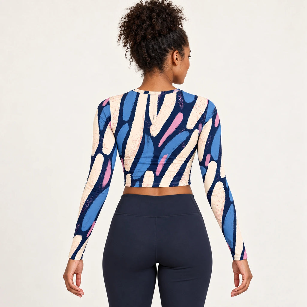 Blue Improvisation full sleeve crop top — female back view