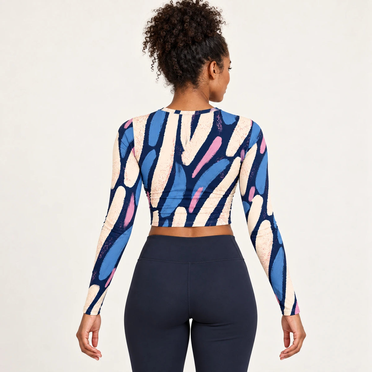 Blue Improvisation full sleeve crop top — female back view