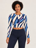 Blue Improvisation full sleeve crop top — female hero view
