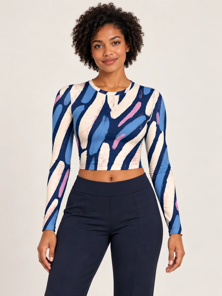 Blue Improvisation full sleeve crop top — female hero view
