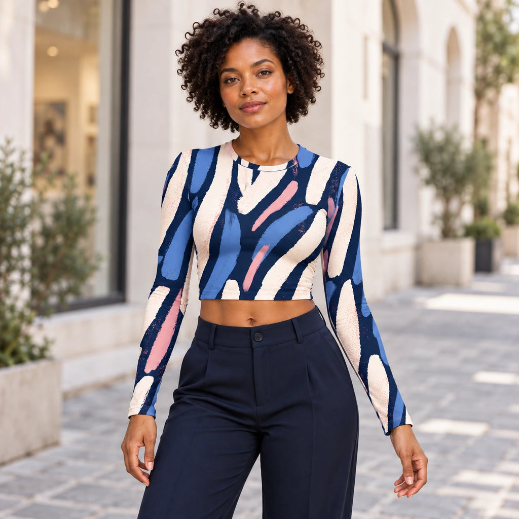 Blue Improvisation full sleeve crop top — female lifestyle view