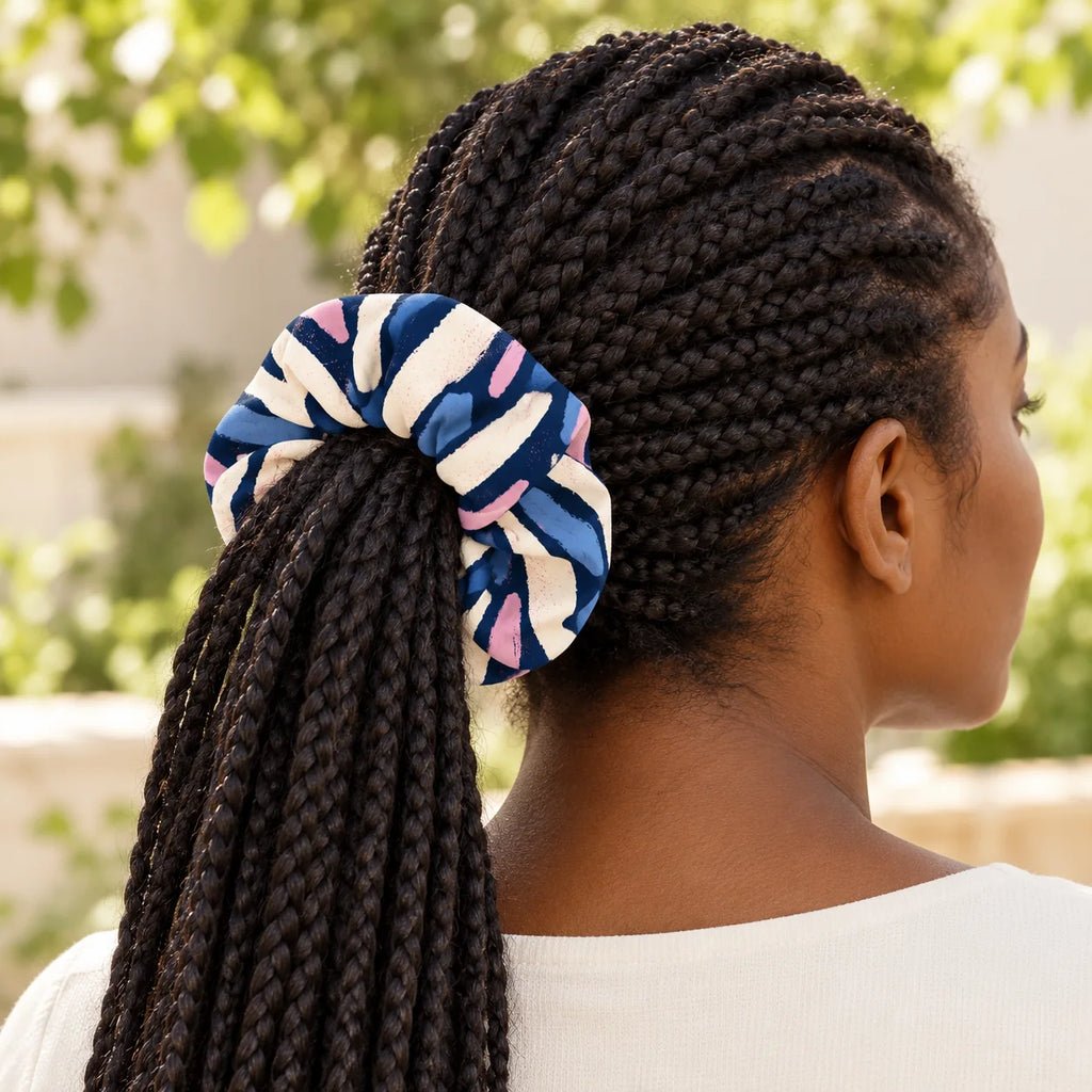 Blue Improvisation scrunchie — worn view