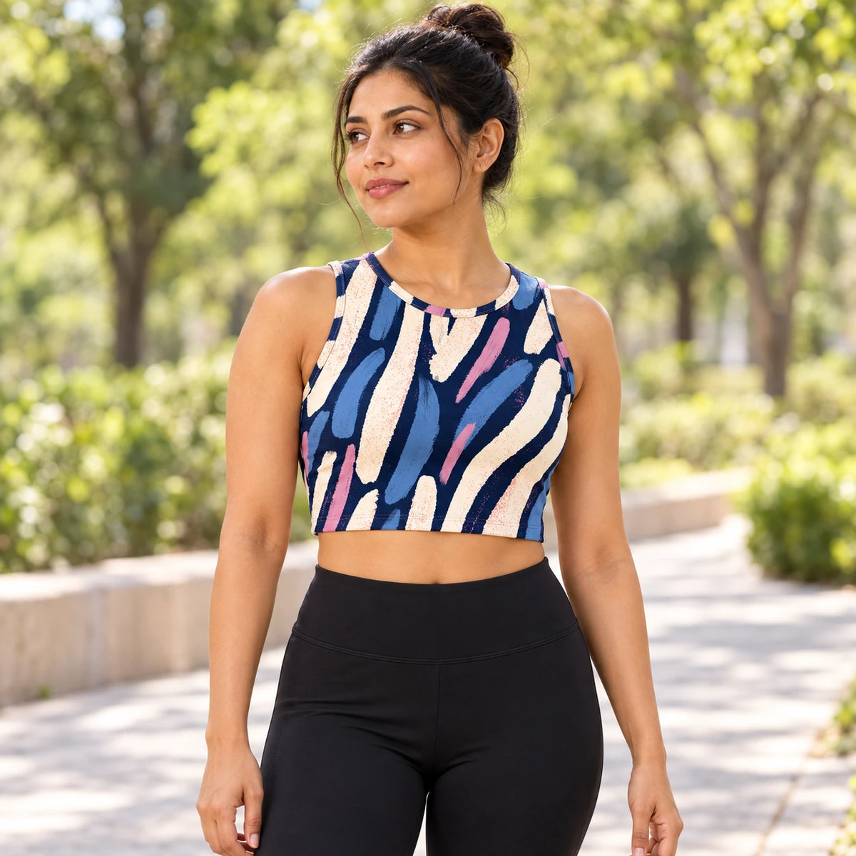 Blue Improvisation sports crop top — female lifestyle view