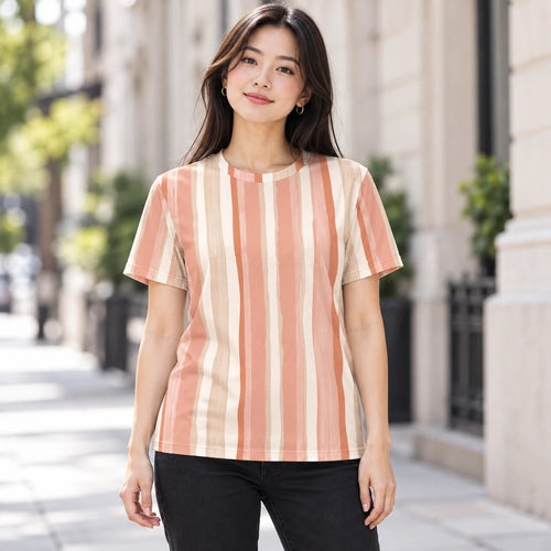 Blush Drift All-Over Print T-Shirt — female model, street view