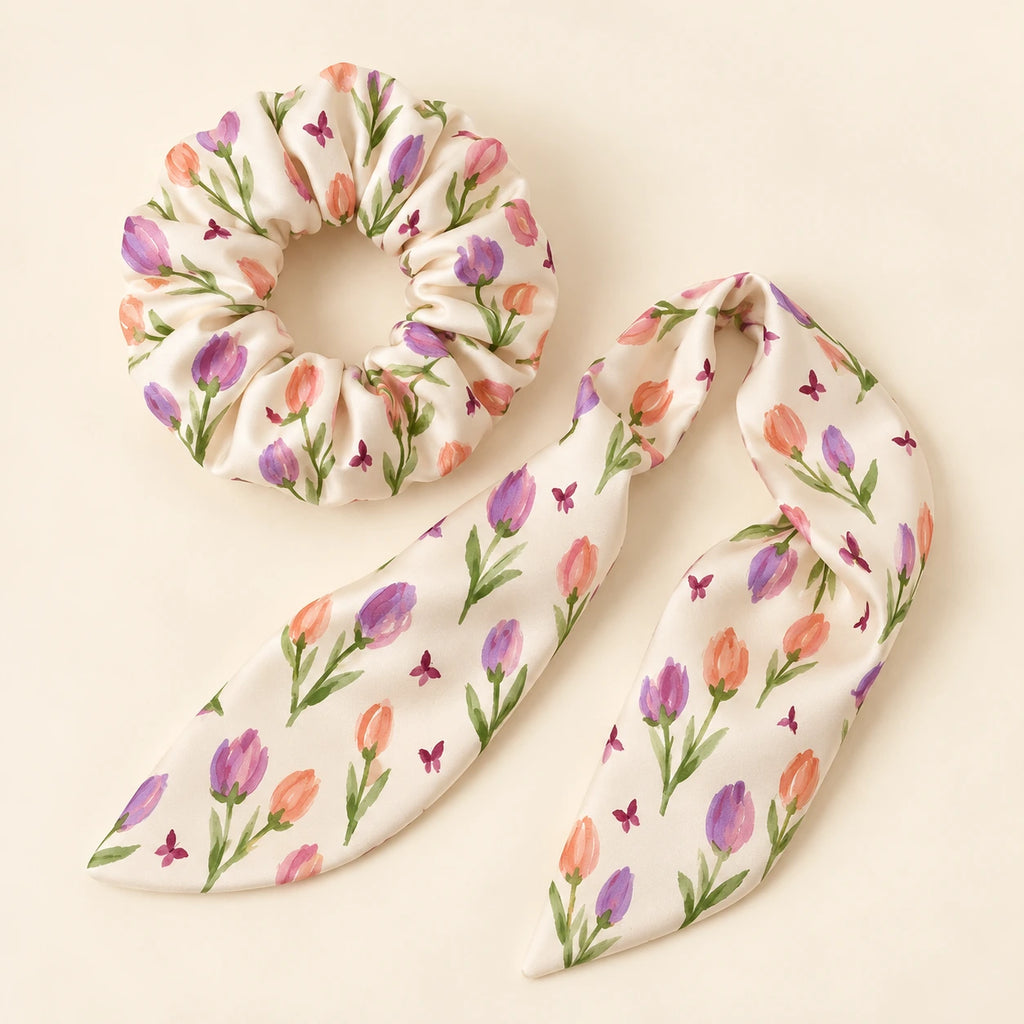 Butterfly Garden bow-tie scrunchie — detail view