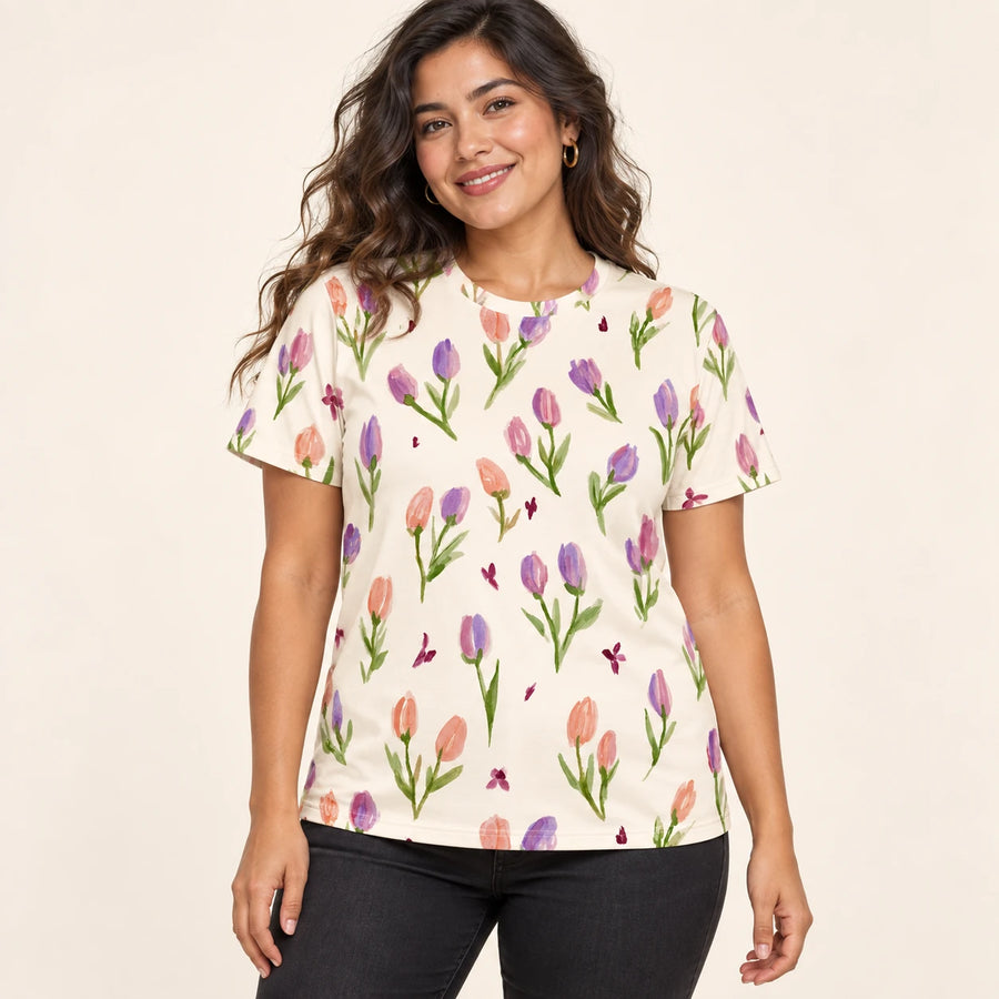Butterfly Garden All-Over Print T-Shirt — female model, hero view