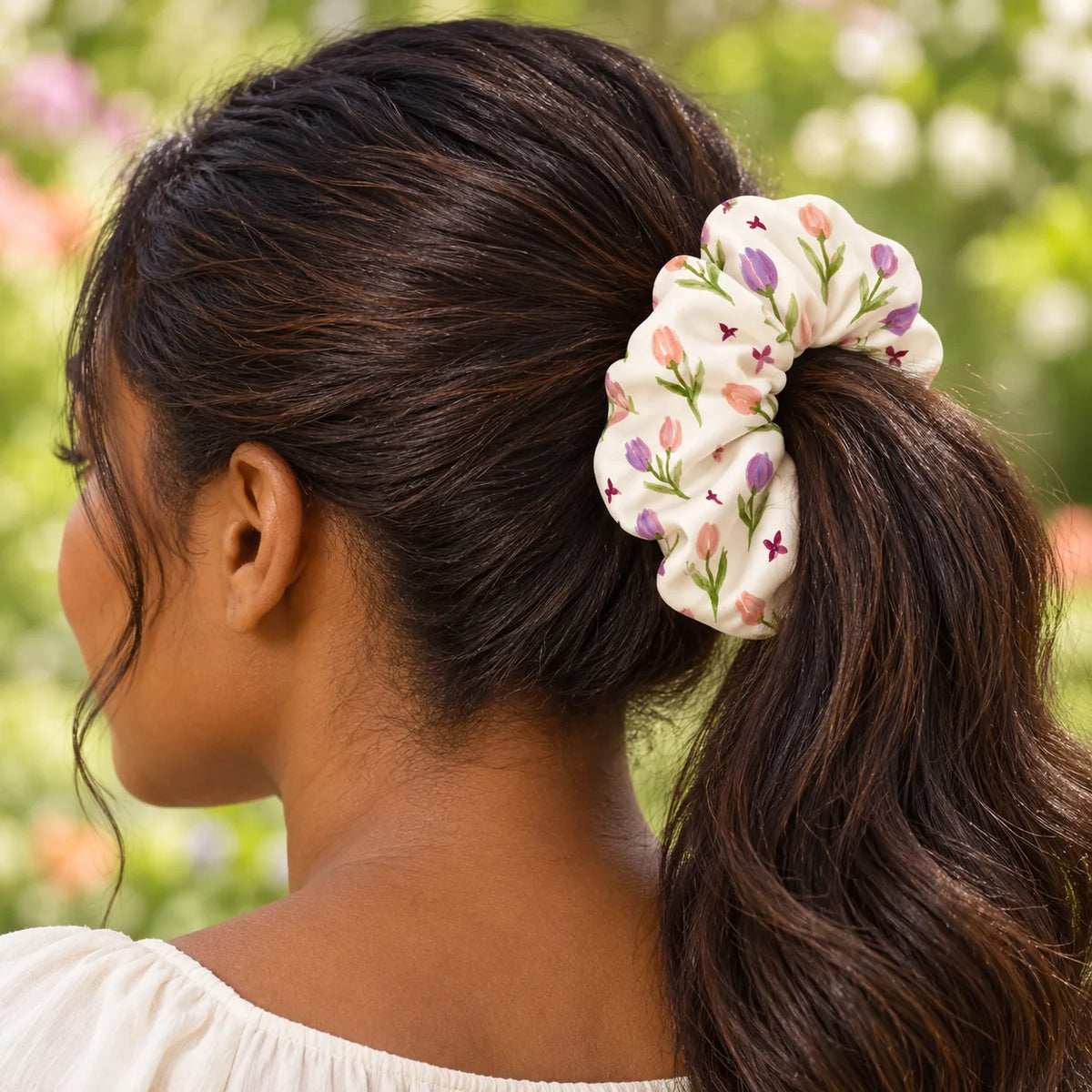 Butterfly Garden scrunchie — worn view