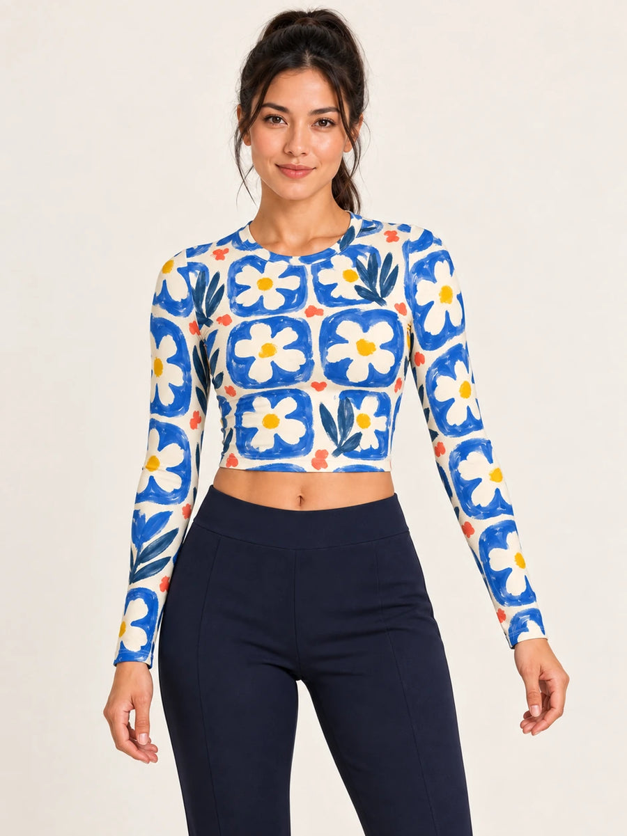 Ceramic Daisy full sleeve crop top — female hero view