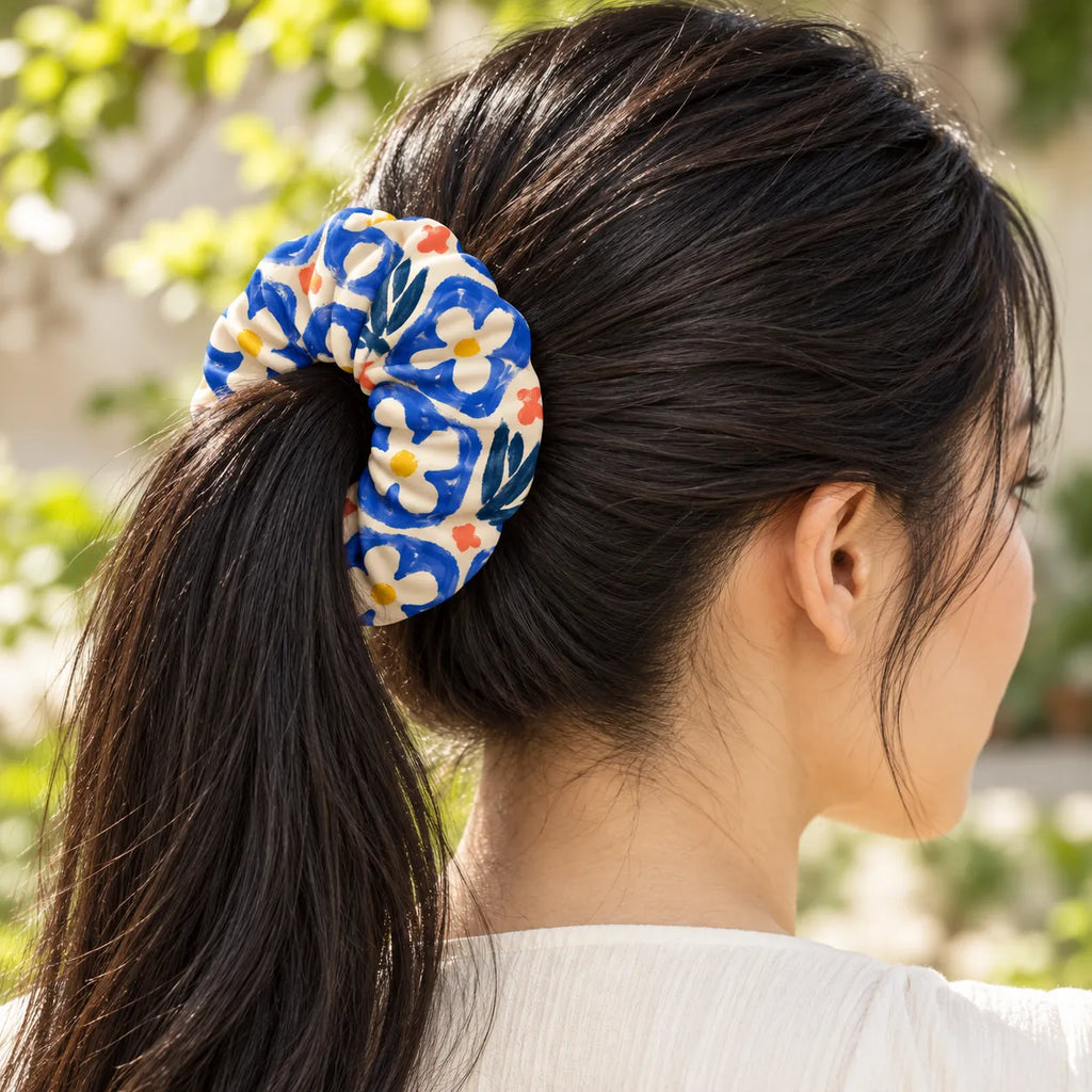 Ceramic Daisy scrunchie — worn view