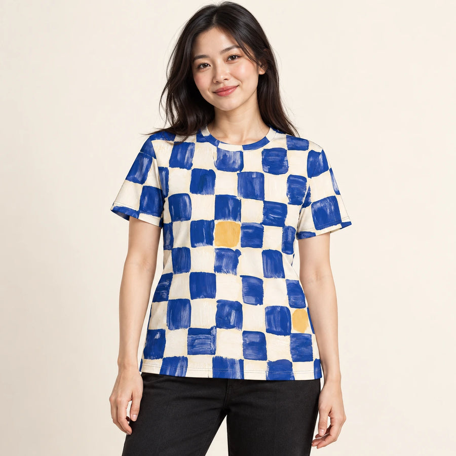 Checkmate Blue All-Over Print T-Shirt — female model, hero view