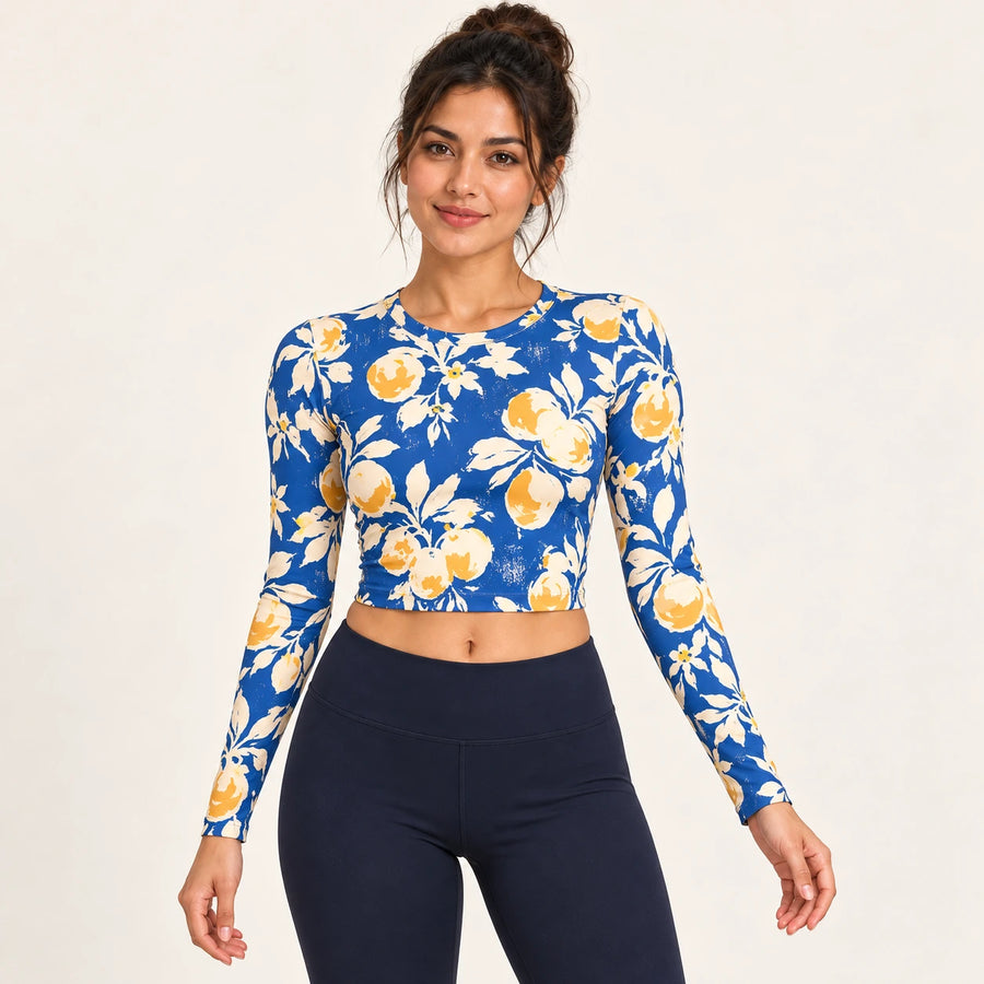 Citron Azure full sleeve crop top — female hero view