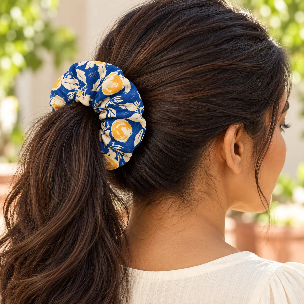 Citron Azure scrunchie — worn view