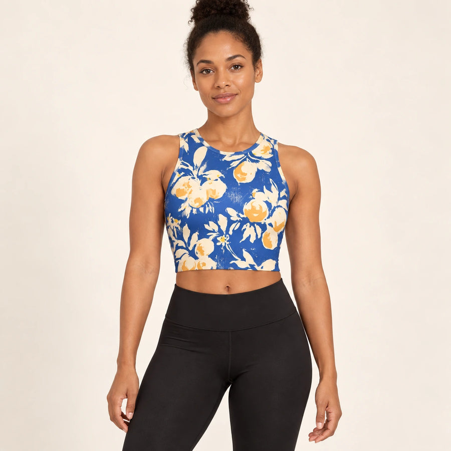 Citron Azure sports crop top — female hero view