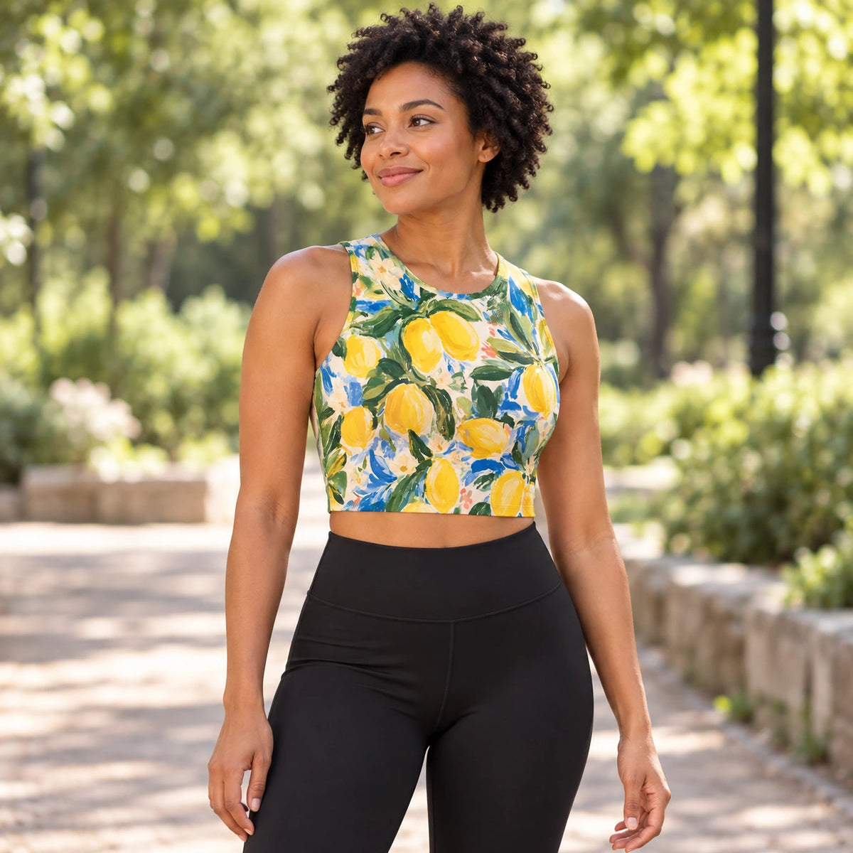 Citron Grove sports crop top — female lifestyle view