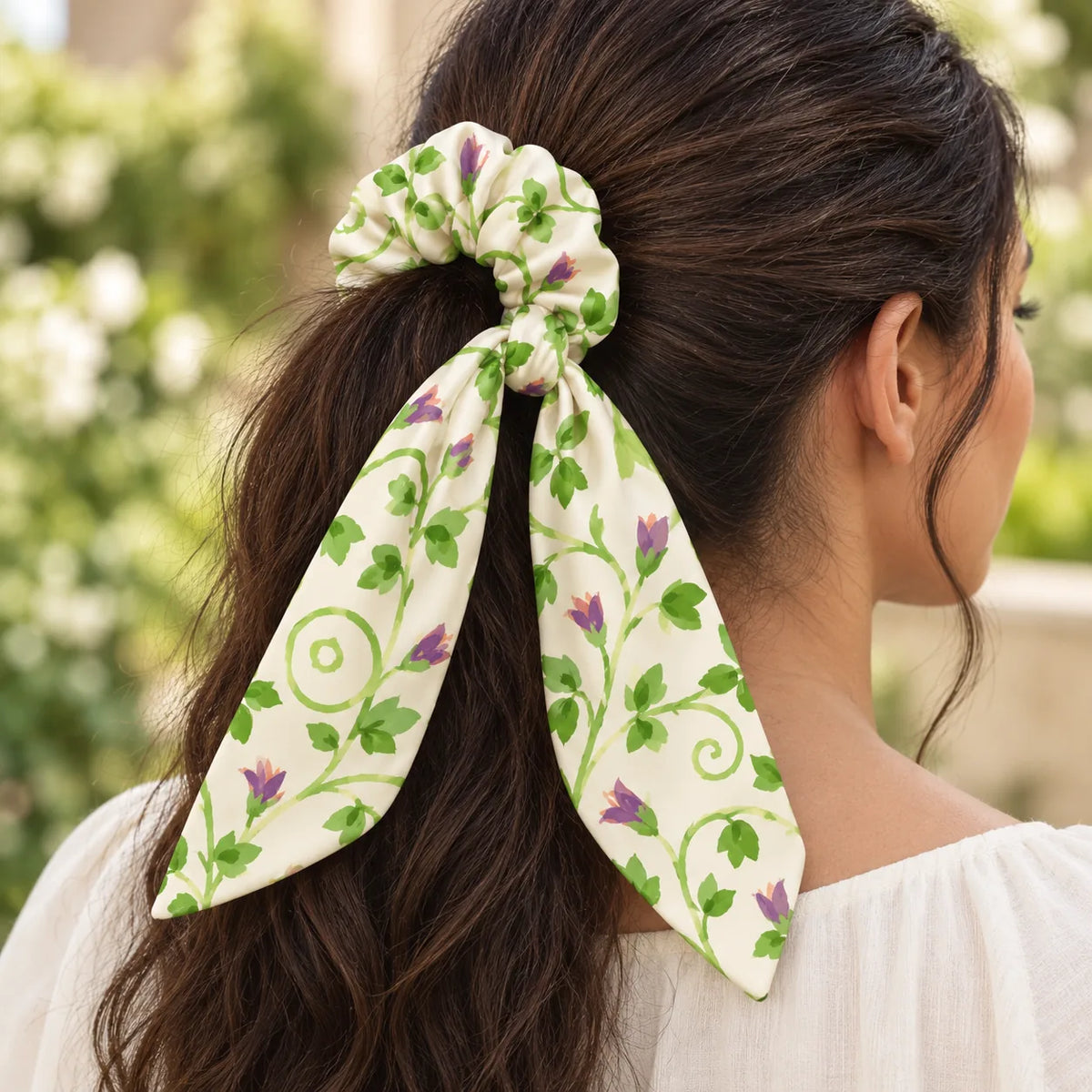 Climbing Dreams bow-tie scrunchie — worn view