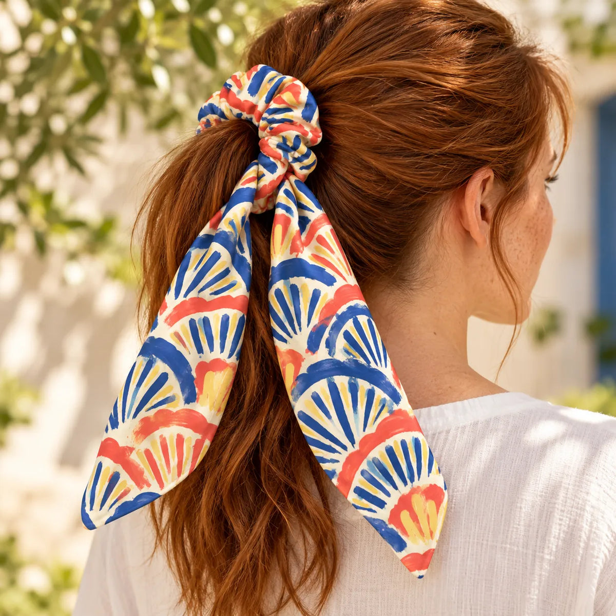 Coastal Fan Bow-Tie Scrunchie — worn view