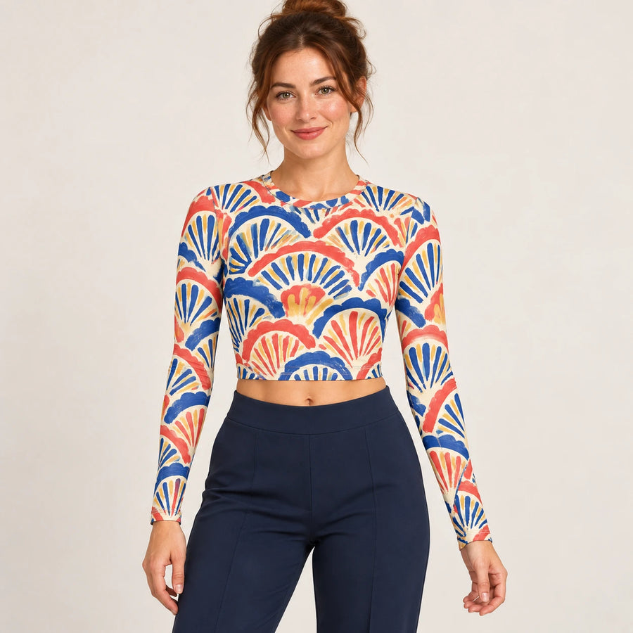 Coastal Fan full sleeve crop top — female hero view