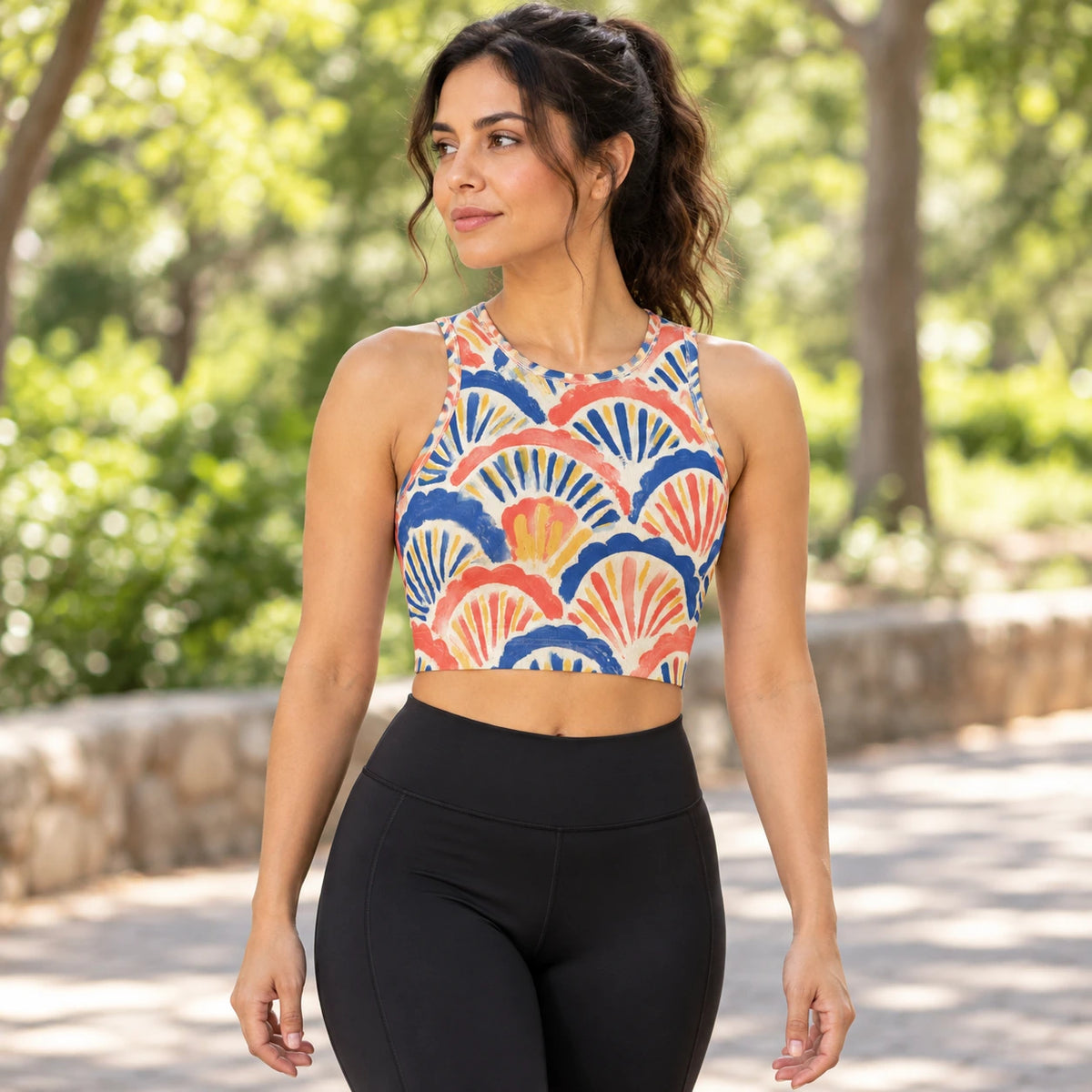Coastal Fan sports crop top — female lifestyle view