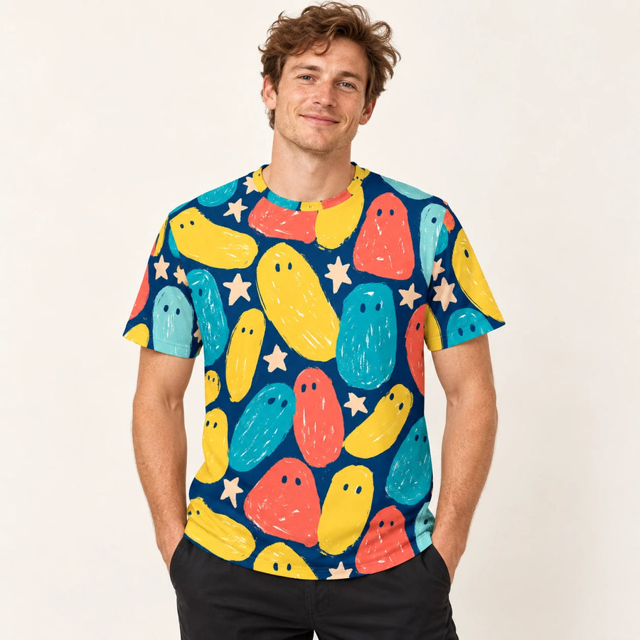 Cosmic Companions All-Over Print T-Shirt — male model, hero view