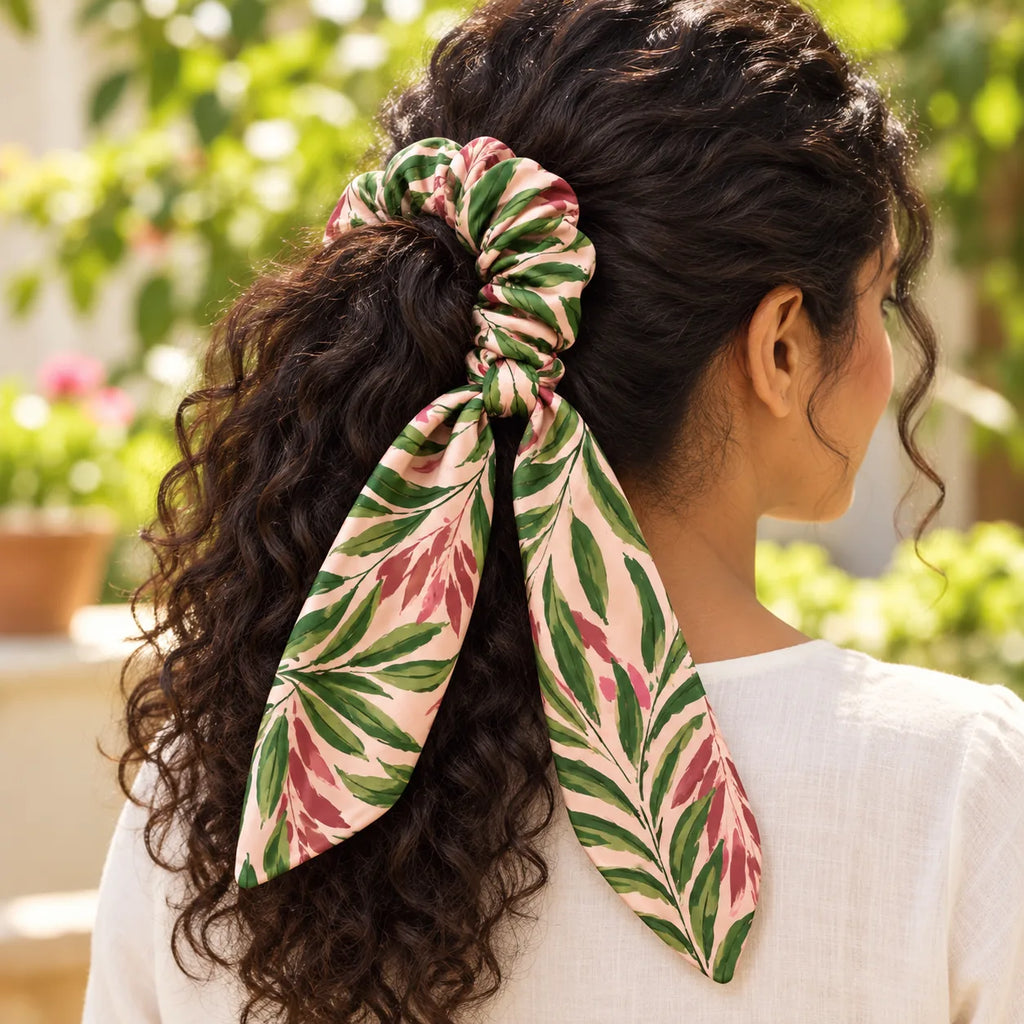Forest Verse Bow-Tie Scrunchie — worn view