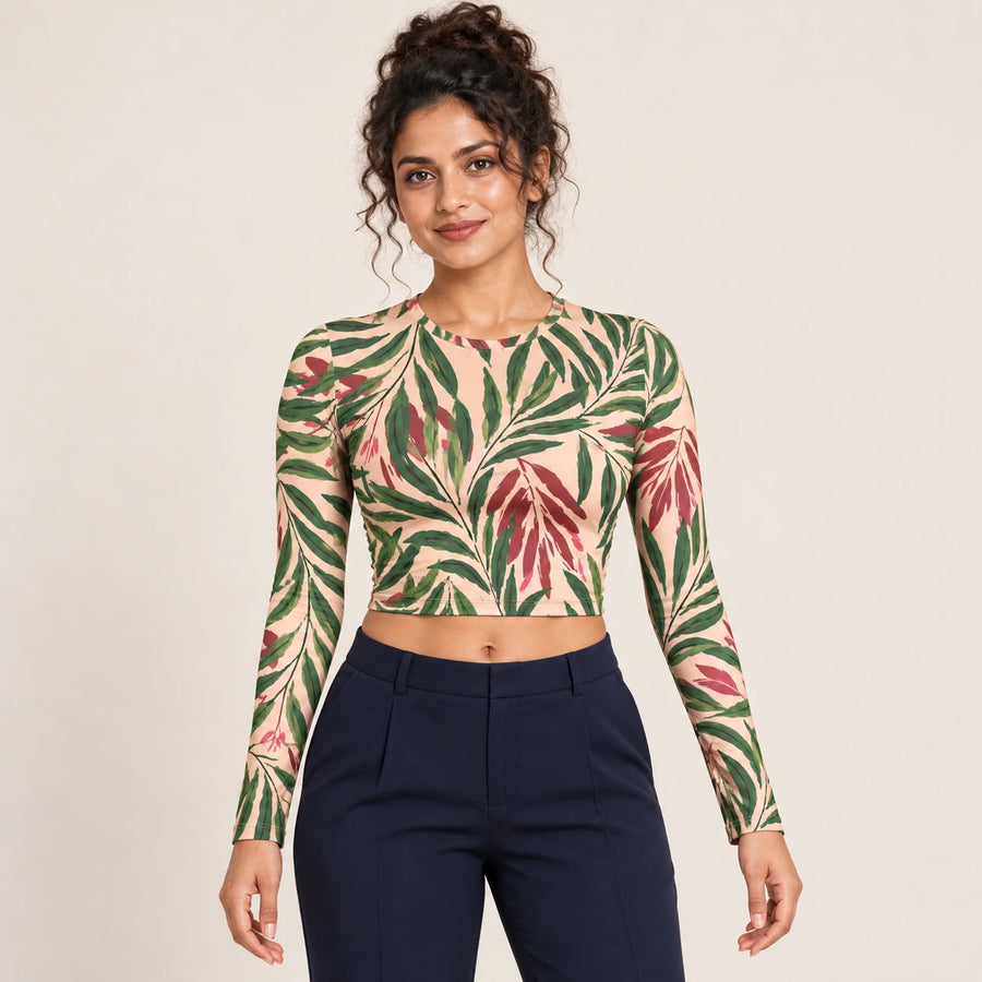 Forest Verse full sleeve crop top — female hero view