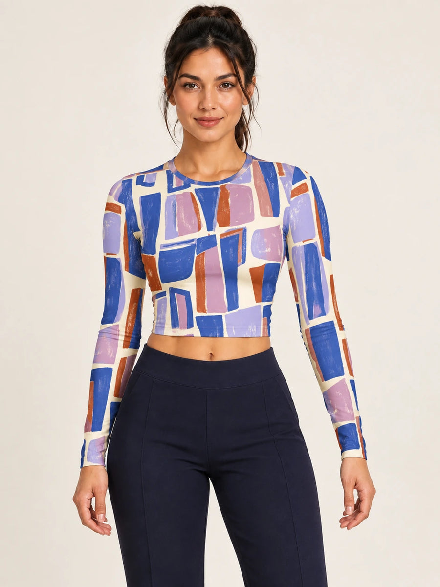 Gallery Steps full sleeve crop top — female hero view