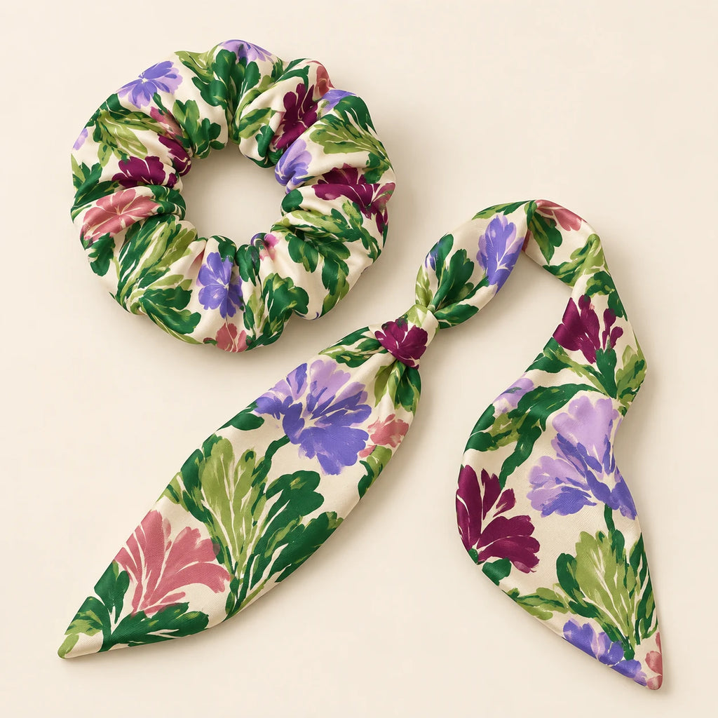 Garden Rhapsody bow-tie scrunchie — detail view