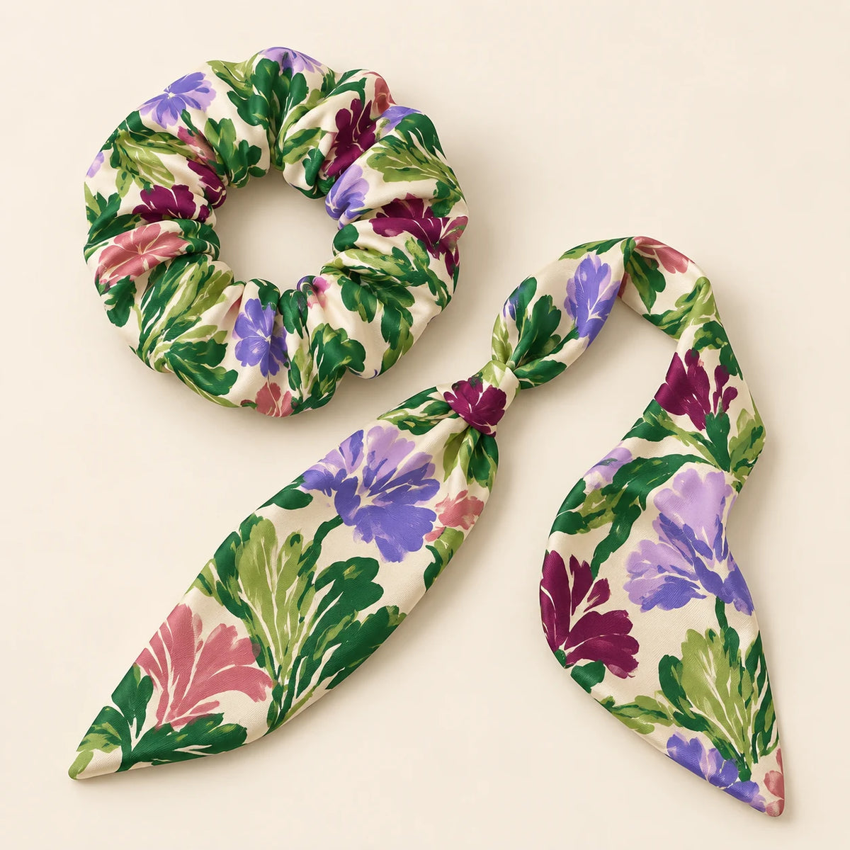 Garden Rhapsody bow-tie scrunchie — detail view