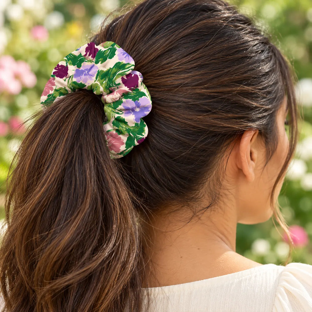 Garden Rhapsody scrunchie — worn view