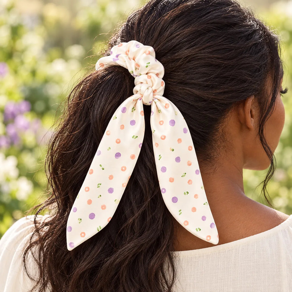 Garden Sprinkles bow-tie scrunchie — worn view