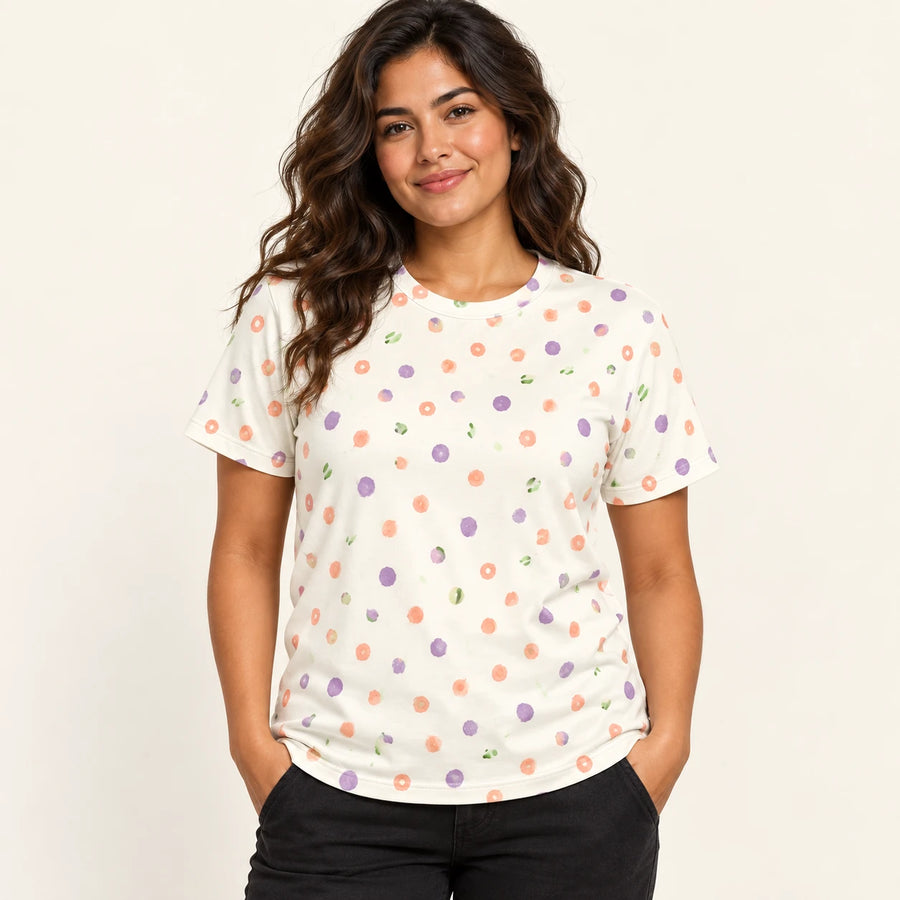 Garden Sprinkles All-Over Print T-Shirt — female model, hero view