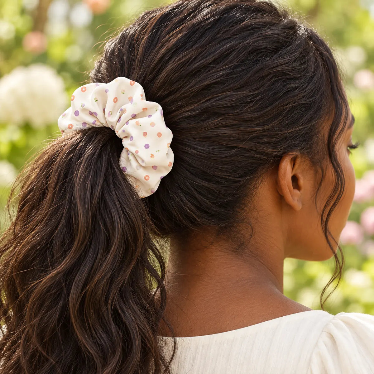 Garden Sprinkles scrunchie — worn view