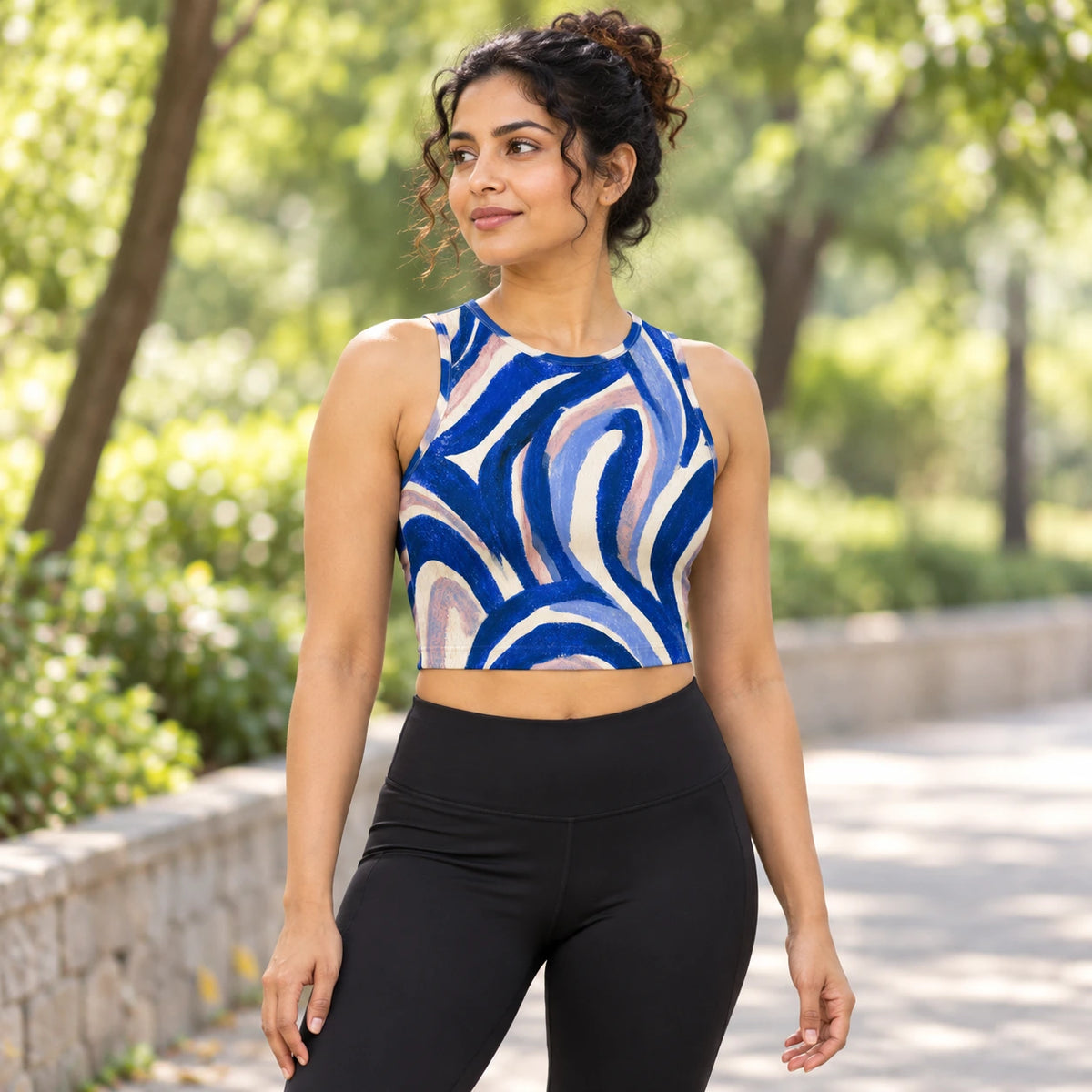 Indigo Reverie sports crop top — female lifestyle view