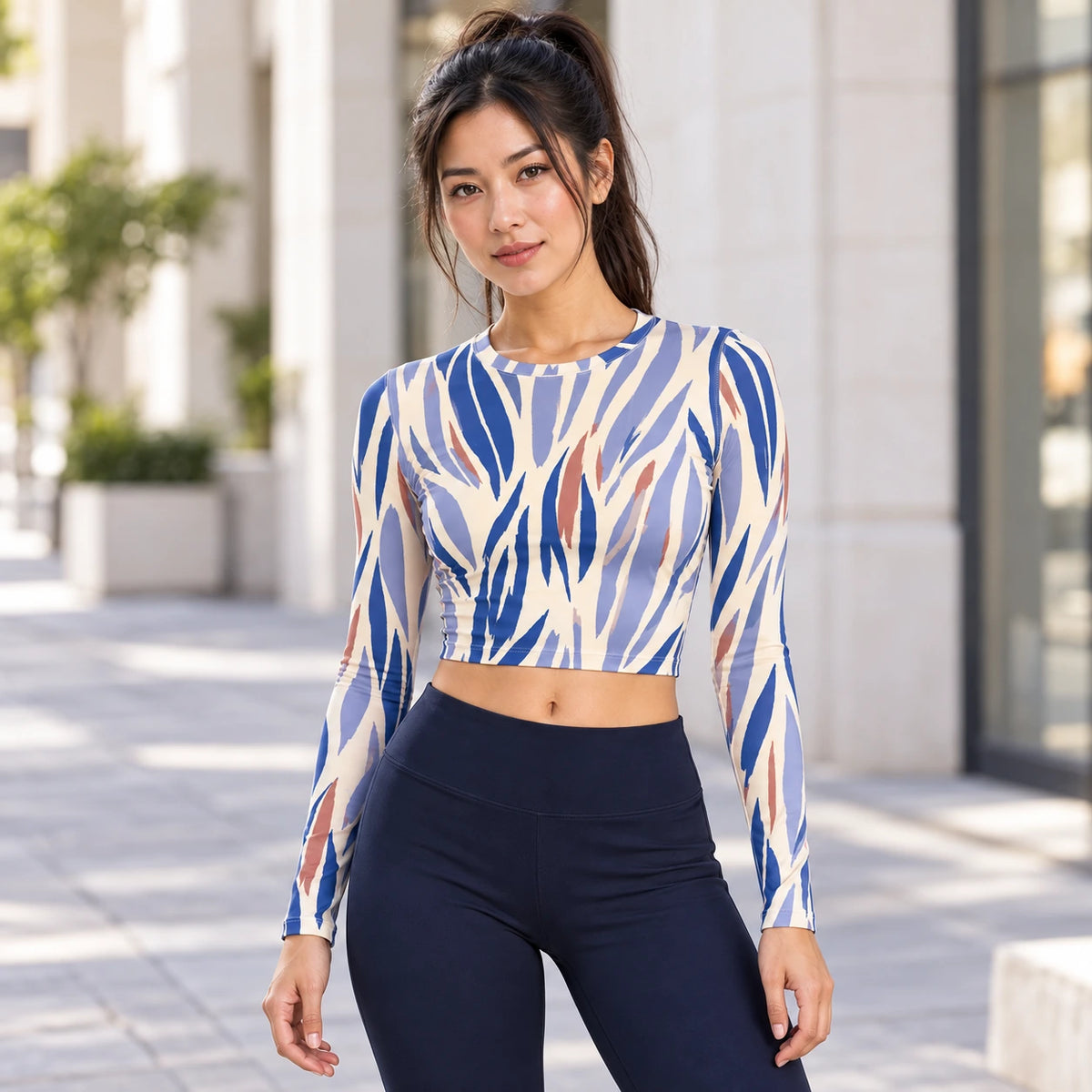 Lavender Cadence full sleeve crop top — female lifestyle view