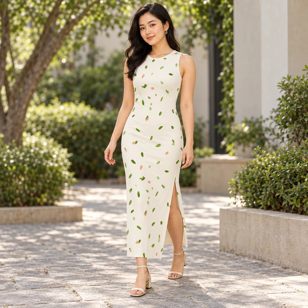 Leaf Whispers bodycon dress — garden view